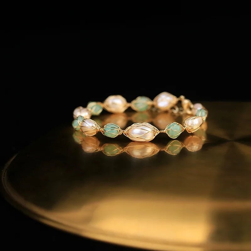 Green Aventurine Pearl Adjustable Bracelet Vintage Jewelry