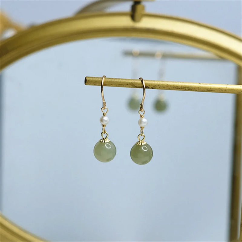 Natural Hetian Jade Pearl Earrings 14k Filled Ear Hooks