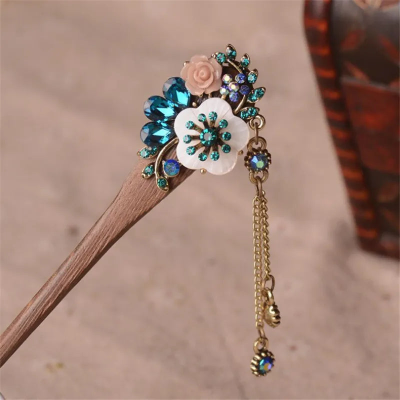Hand-made Ebony Hairpins Bridal Headwear Crystal Flowers Hair Forks