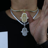 Hand of Miriam Star Pendant Choker Iced Out CZ Hands Necklace