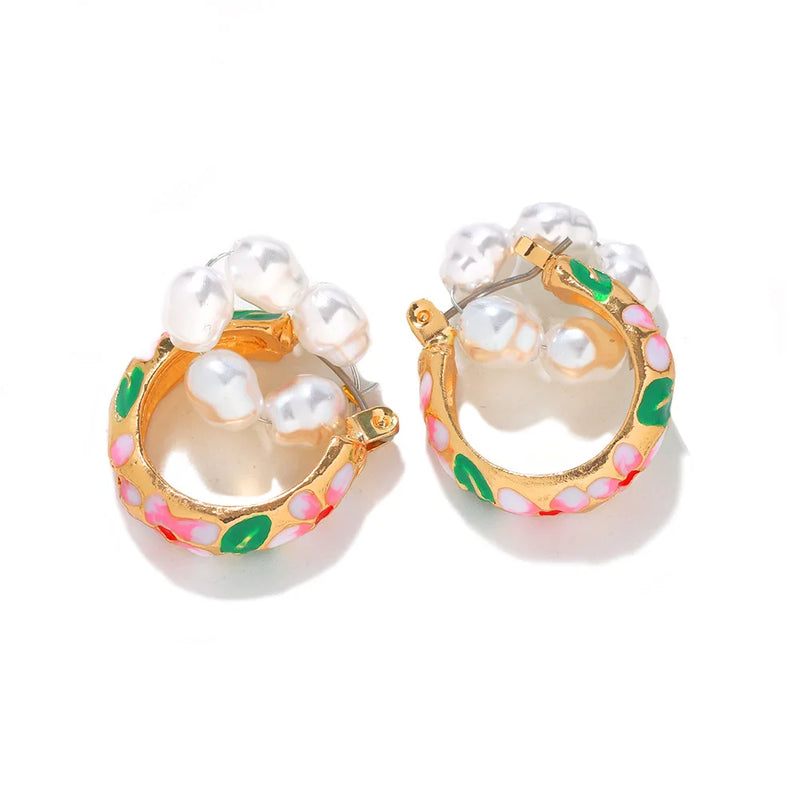 Hand-Printed Pearl Hoop Earrings Elegant All-Match Jewelry