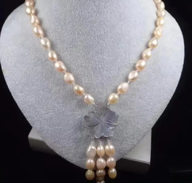 Hand Woven Pink Green Pearl Freshwater Pipa Shell Necklace Pendant