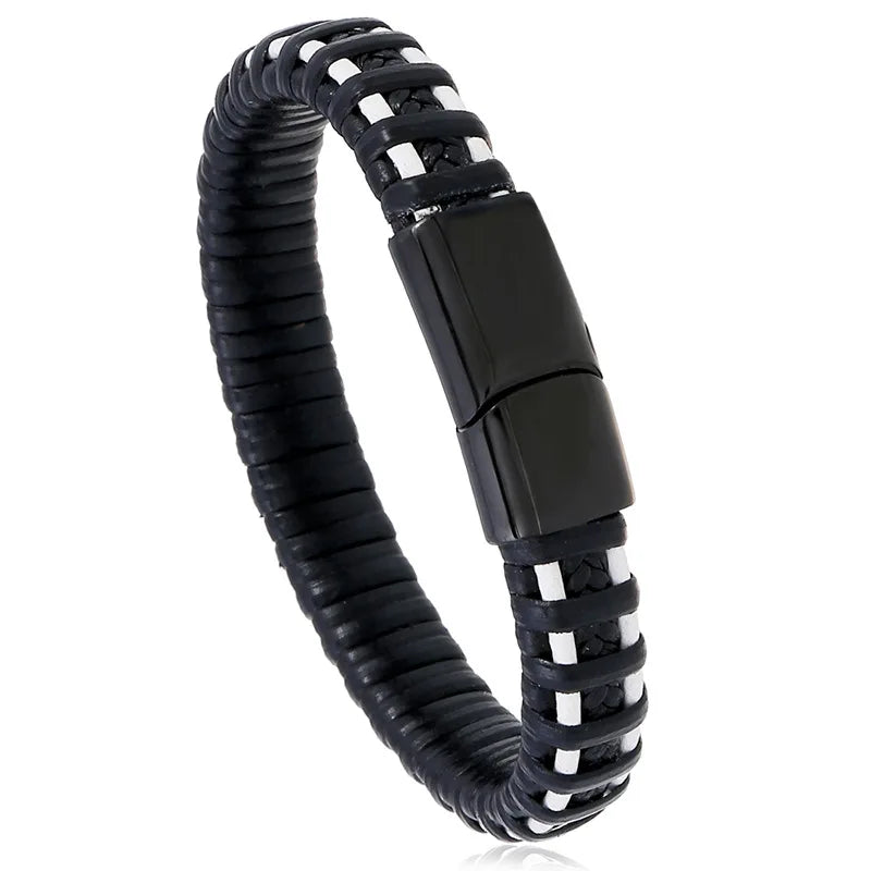Titanium Steel Men's Leather Bracelet Magnet Buckle