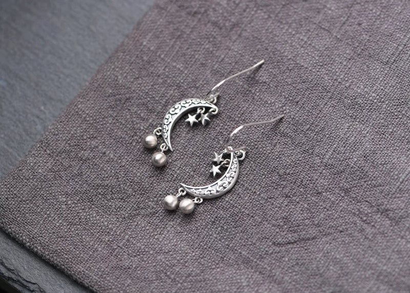 925 Silver Moon Star Earrings Vintage Bohemia Drop Earrings
