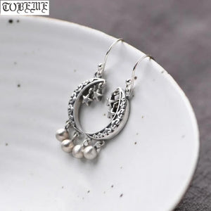 925 Silver Moon Star Earrings Vintage Bohemia Drop Earrings