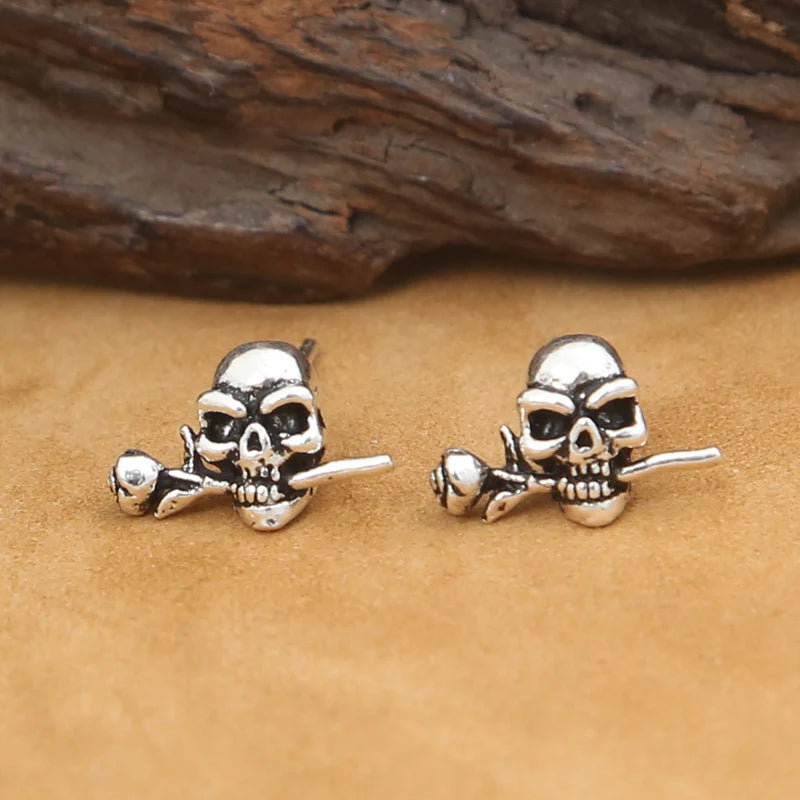 Vintage 925 Silver Skull Rose Flower Earring