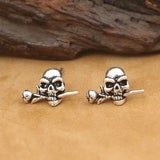 Vintage 925 Silver Skull Rose Flower Earring