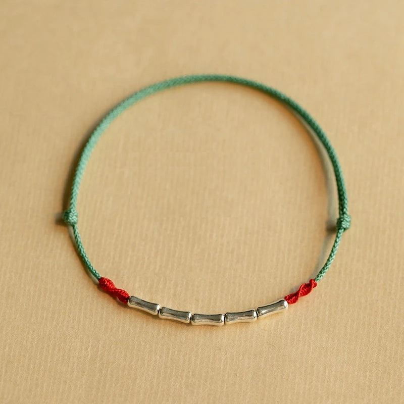925 Sterling Silver Red Rope Bamboo Beads Ankle Bracelet