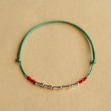 925 Sterling Silver Red Rope Bamboo Beads Ankle Bracelet