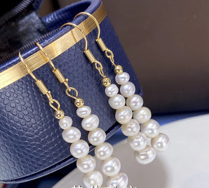 18kGP Pearl Long Earrings Round Face Slim Earrings