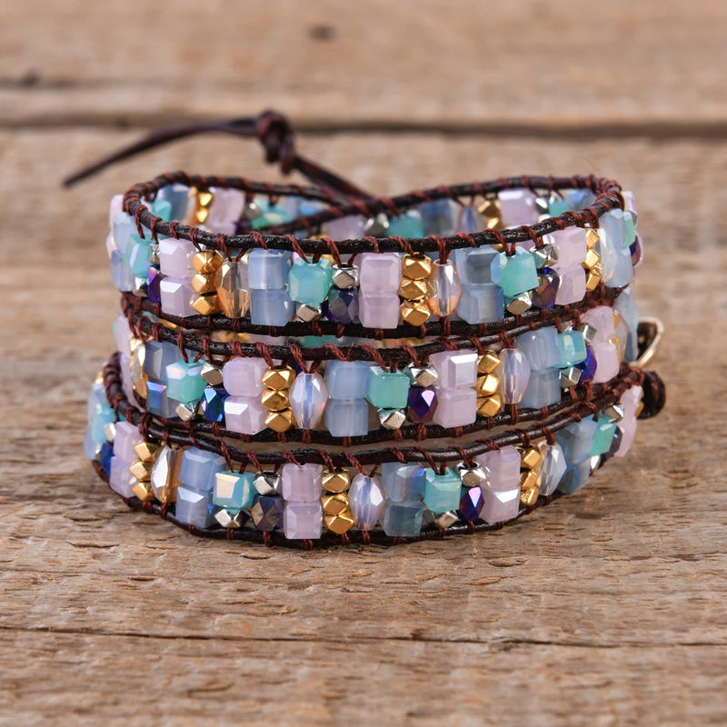 3X Strand Leather Wrap Bracelet Natural Stone Wristband Cuff Bohemian Jewelry