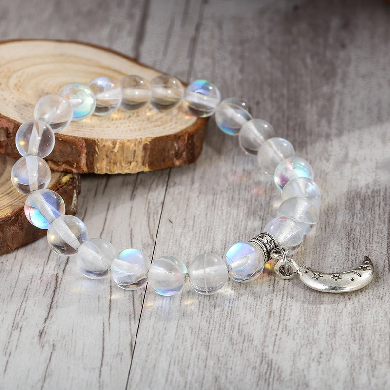 Moonstone Bead Bracelet with Moon Charm for Women