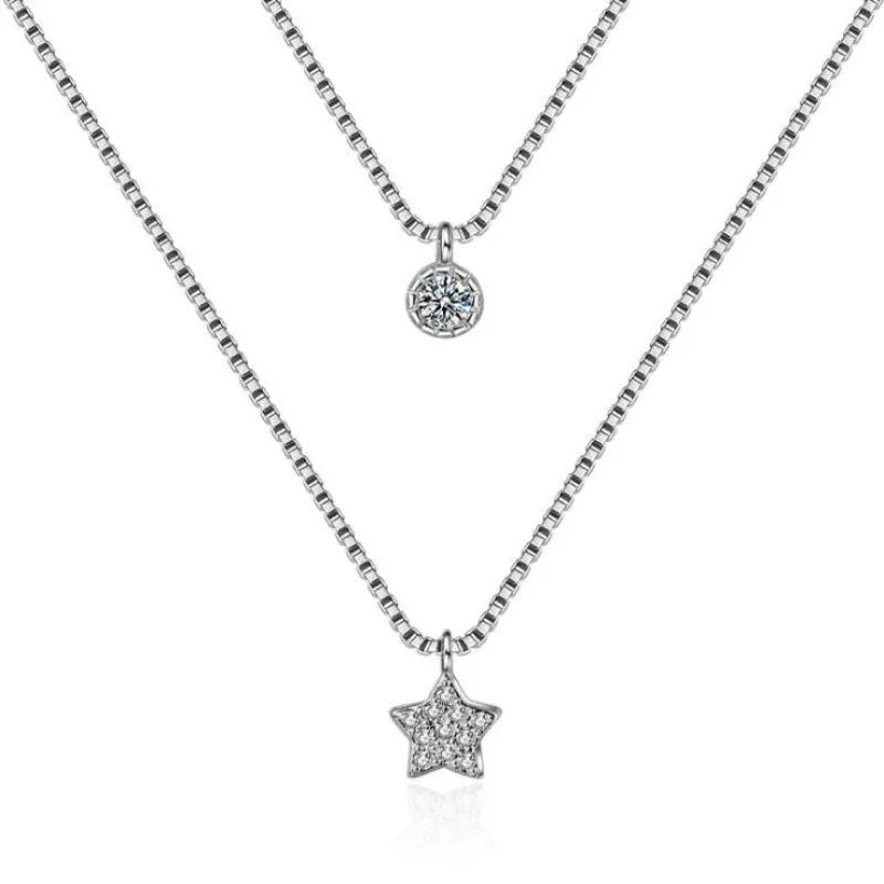 925 Silver Stars CZ Multilayer Pendant Necklace
