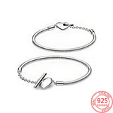 925 Silver Love Heart T-shaped Snake Chain Bracelet Gift