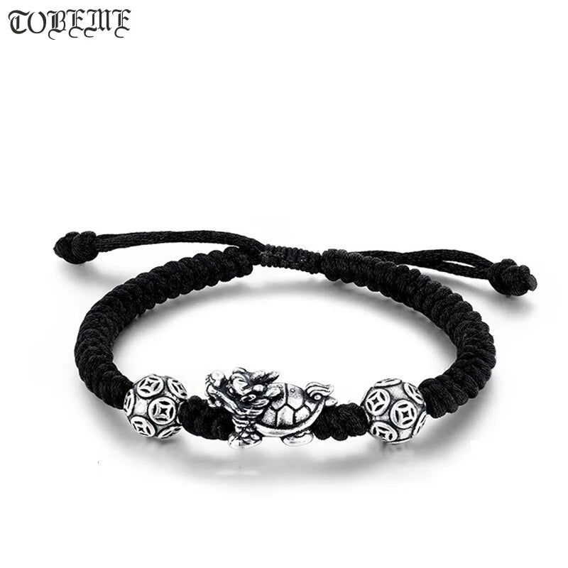 999 Silver Turtle Beaded Bracelet 3D Lucky Coin Braided Bracelet