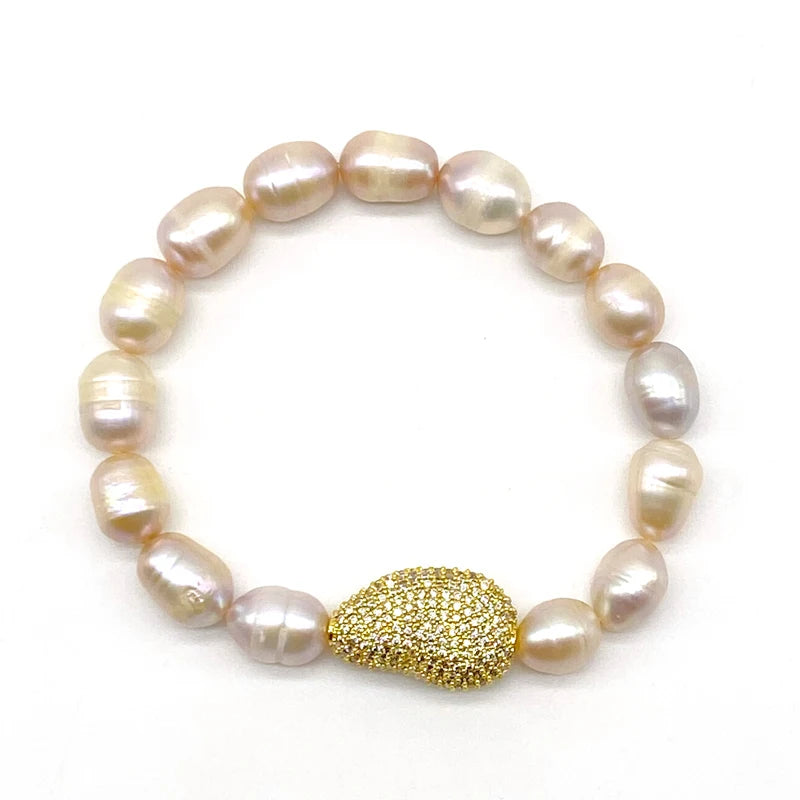 Pink Pearl Bracelet with CZ Paved Spacer Beads