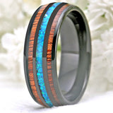 Tungsten Wedding Ring with Hawaii Koa Wood and Opal Stone