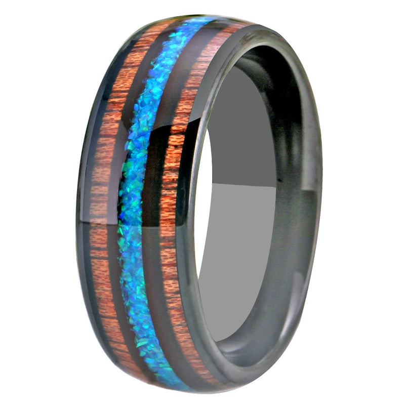 Tungsten Wedding Ring with Hawaii Koa Wood and Opal Stone