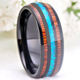 Tungsten Wedding Ring with Hawaii Koa Wood and Opal Stone