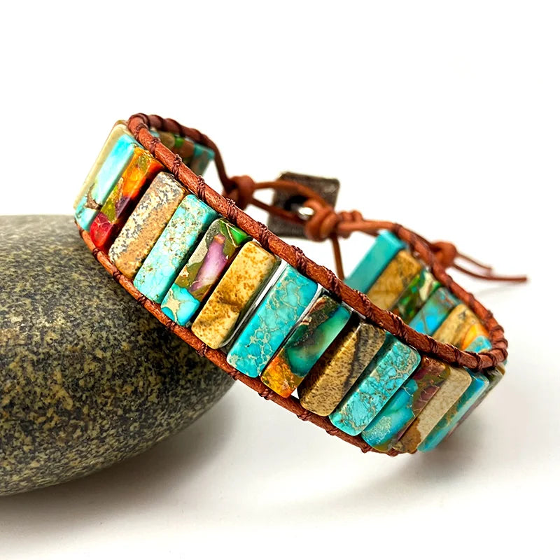 Bohemia Ethnic Femme Bracelet Natural Stone Leather Wrap Beads Jewelry