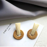 Bohemian Wooden Rattan Drop Earrings Vintage Geometric Statement Earrings