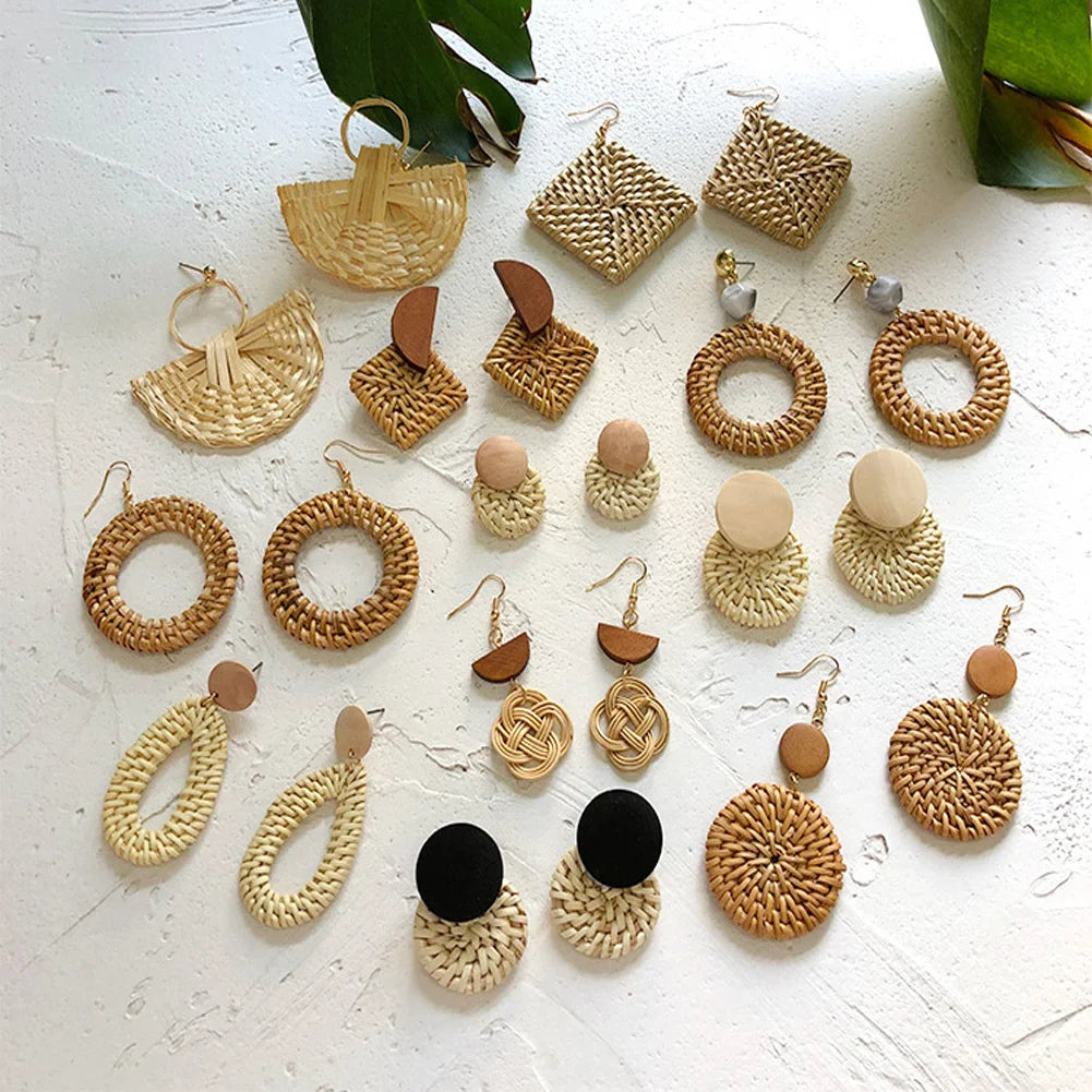 Bohemian Wooden Rattan Drop Earrings Vintage Geometric Statement Earrings