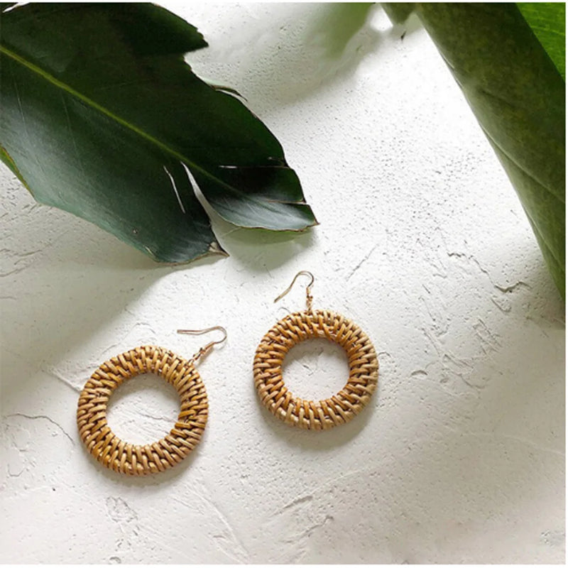 Bohemian Wooden Rattan Drop Earrings Vintage Geometric Statement Earrings