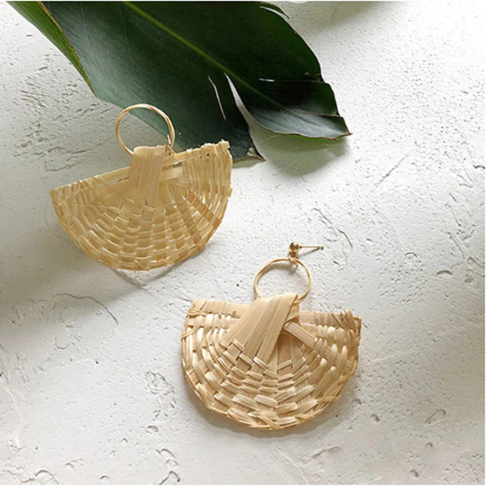 Bohemian Wooden Rattan Drop Earrings Vintage Geometric Statement Earrings