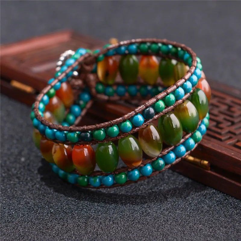 Boho Bracelets Natural Stone 3 Layers Leather Wrap Bracelets Women