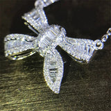 925 Silver Bow Pendant with Necklace T-type Zircon for Women