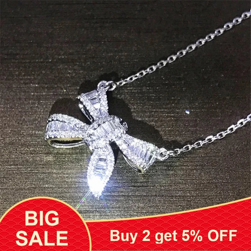 925 Silver Bow Pendant with Necklace T-type Zircon for Women