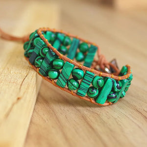 Malachite Tube Beads Leather Wrap Bracelet Couples Bracelets