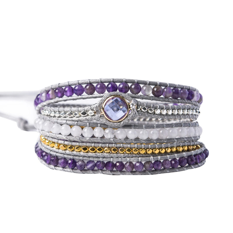 Amethyst Wax String Boho Bracelets 5 Layers Leather Cuff Femme Bracelet