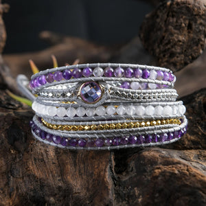 Amethyst Wax String Boho Bracelets 5 Layers Leather Cuff Femme Bracelet