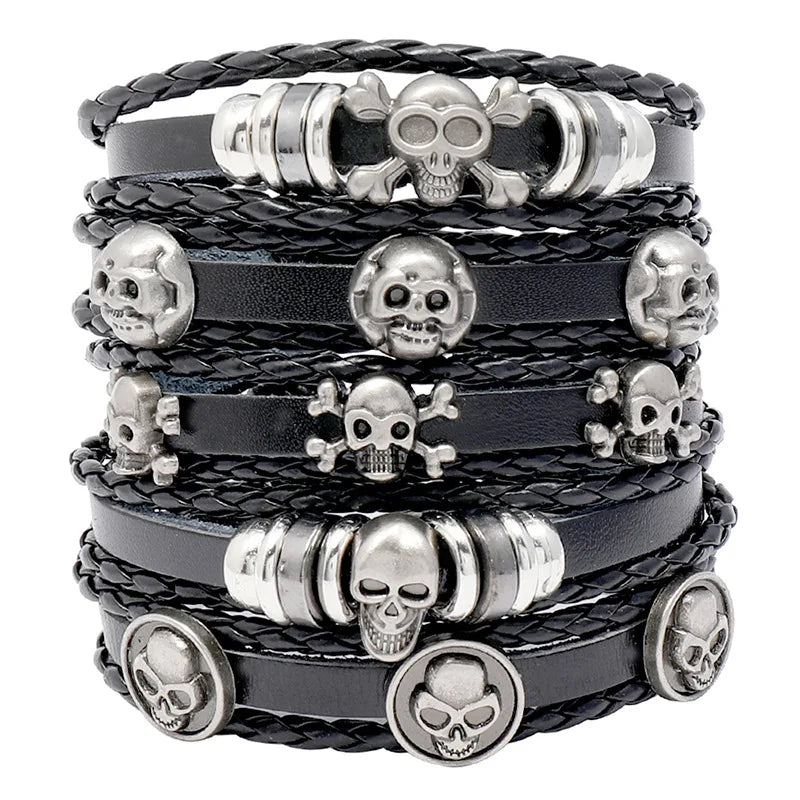 Punk Bangle 5 pcs/set Vintage Multilayer Alloy Skull Charm Leather Bracelets
