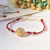 Rutilated Quartz Bead Bracelet Adjustable Woven Rope Jewelry