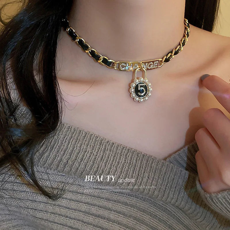 Braided Crystal Pearl Digital Leather Necklace Gift