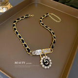 Braided Crystal Pearl Digital Leather Necklace Gift