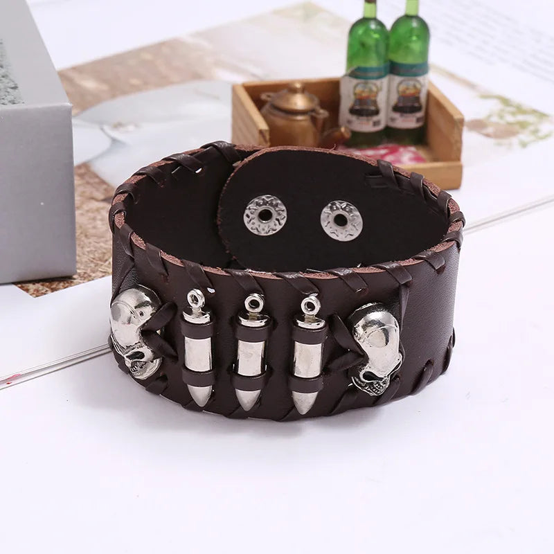 Braided Leather Men's Bracelets with Metal Skull Charms