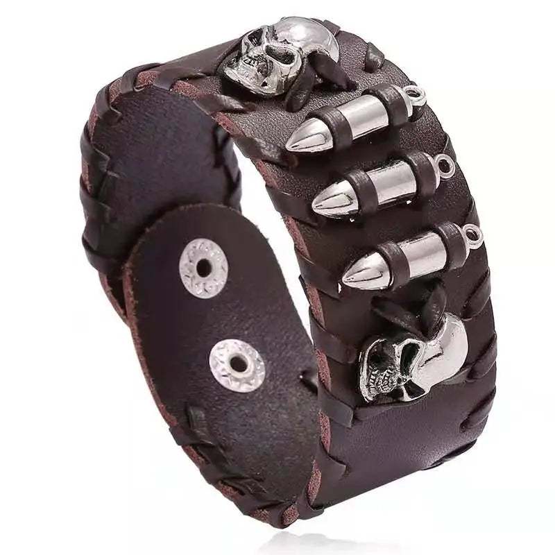 Braided Leather Men's Bracelets with Metal Skull Charms