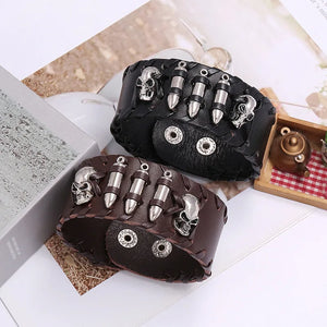 Braided Leather Men's Bracelets with Metal Skull Charms