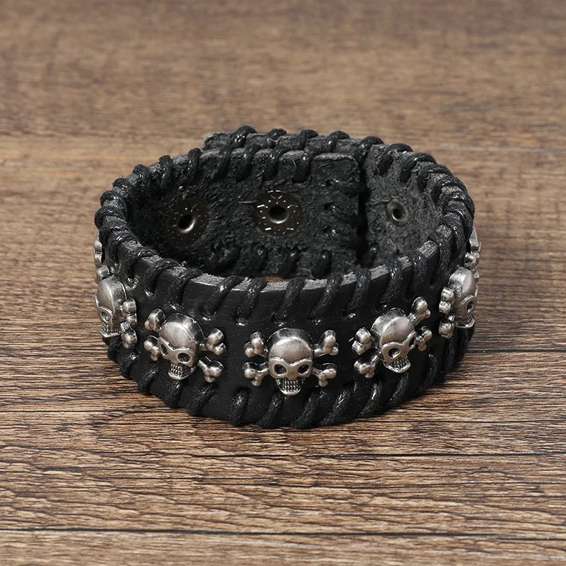 Braided Leather Men's Bracelets with Metal Skull Charms
