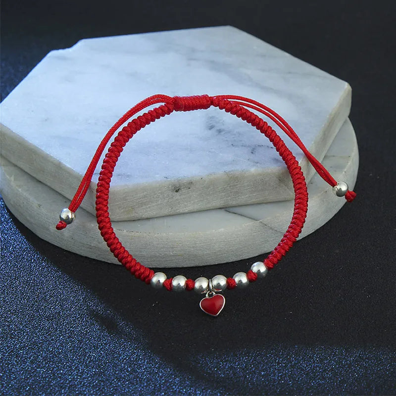 Adjustable Red Thread Silver Heart Bracelet Lucky Jewelry