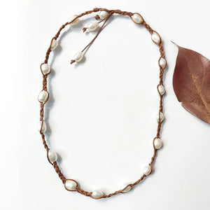 Brown Leather Necklace with Natural Freshwater Pearl Embellishment