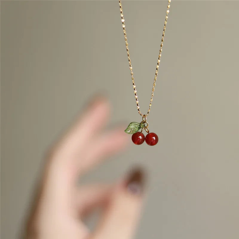 Carnelian Cherry Pendant Necklace 18k Plated Gypsophila Clavicle Chain