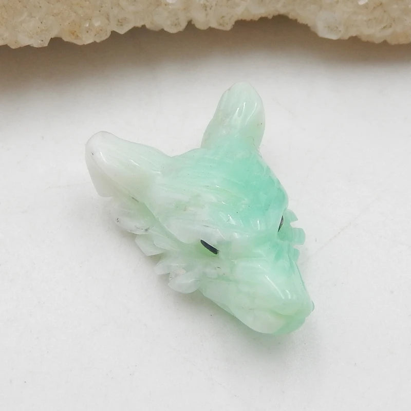 Carved Chrysoprase Wolf Head Pendant Bead 24x17x8mm