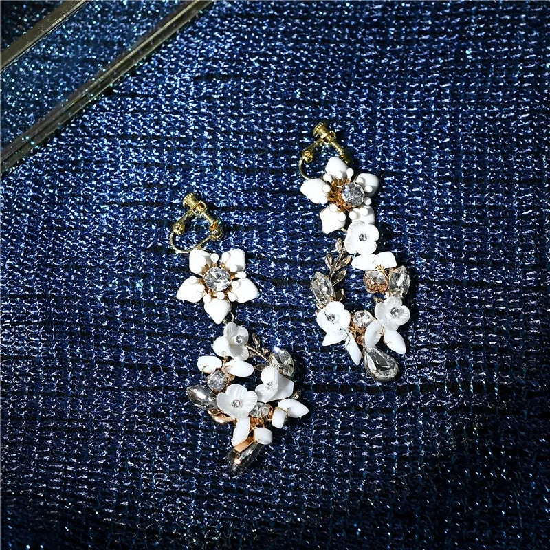 Ceramic Flower Clip On Earrings Crystal Bridal Wedding Drop Earring