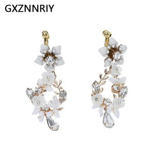 Ceramic Flower Clip On Earrings Crystal Bridal Wedding Drop Earring