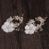 Chiffon Flower Clip on Earrings Crystal Bridal Wedding Drop Earring