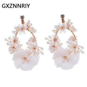 Chiffon Flower Clip on Earrings Crystal Bridal Wedding Drop Earring
